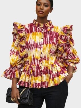 Ruffled Tie-Dye Peplum Blouse - Burgundy & Mustard